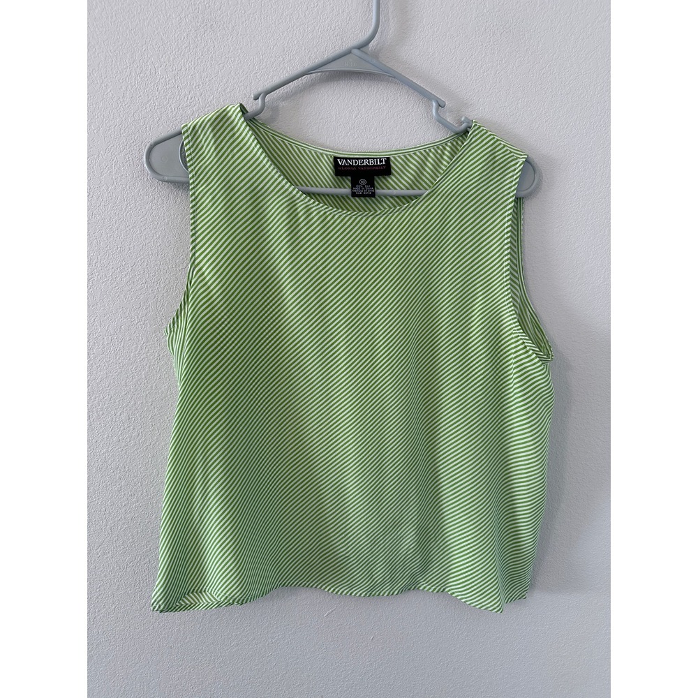 Gloria Vanderbilt Silk Tank Top 10 Green Excellent Striped Sleeveless Shell
